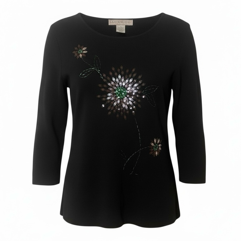 Vintage Lucia Burns Beaded Sequin Floral Top Womens XL Black Stretch Y2K Sparkle
